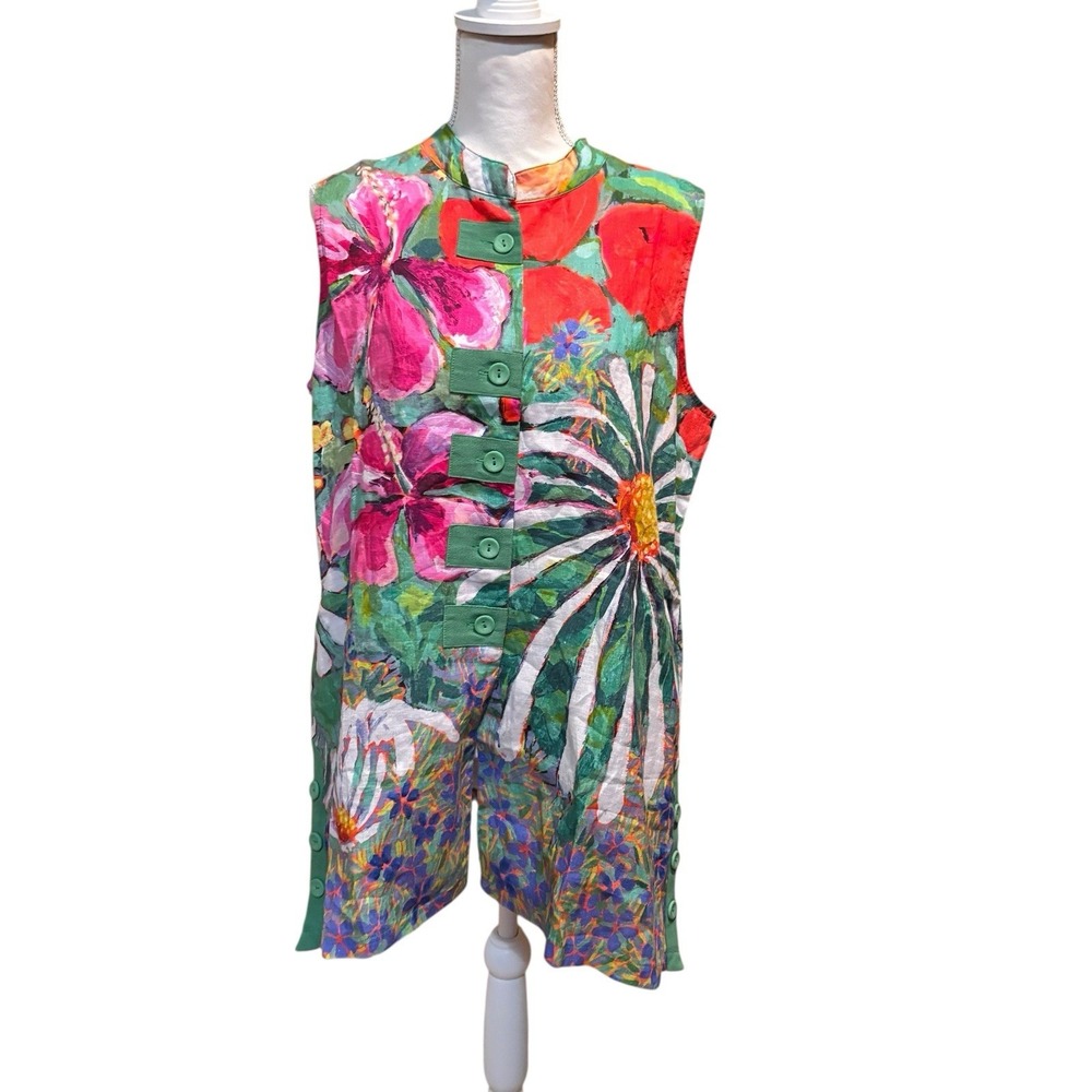 Claire Desjardins Linen Sleeveless Tunic Dress Floral Art Print Pockets Large